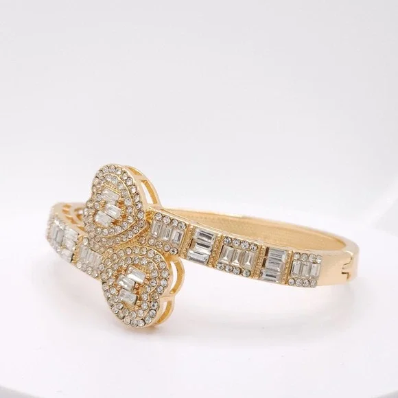 Gold Plated Double Heart Hinged Cuff Bracelet Women's CZ Bangle Romantic Jewelry - Picture 11 of 17